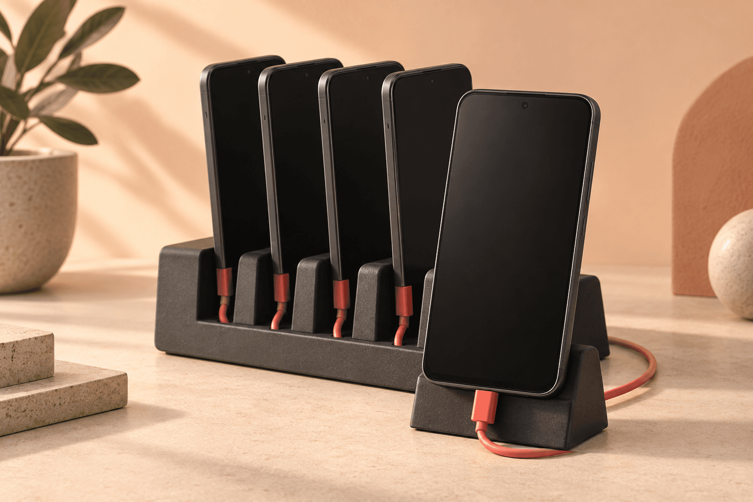 Editorial illustration: five phones in a rack, with one selected for a first test