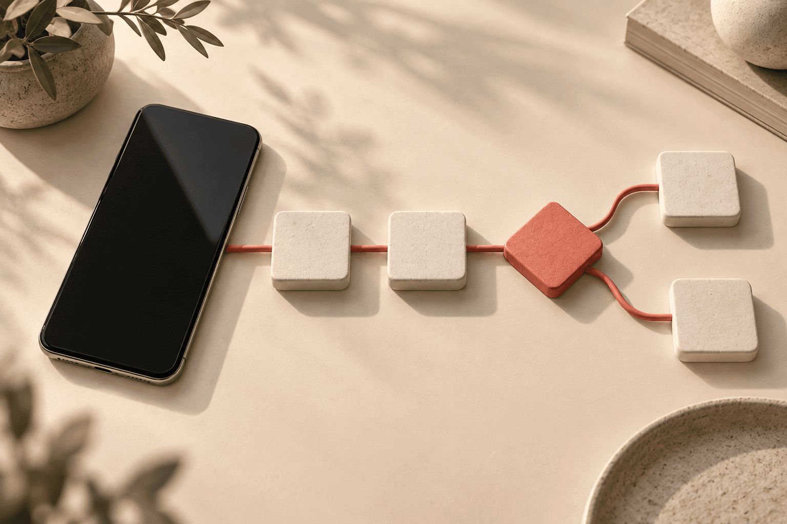 Editorial illustration: a phone and a sequence of tiles with a branching path